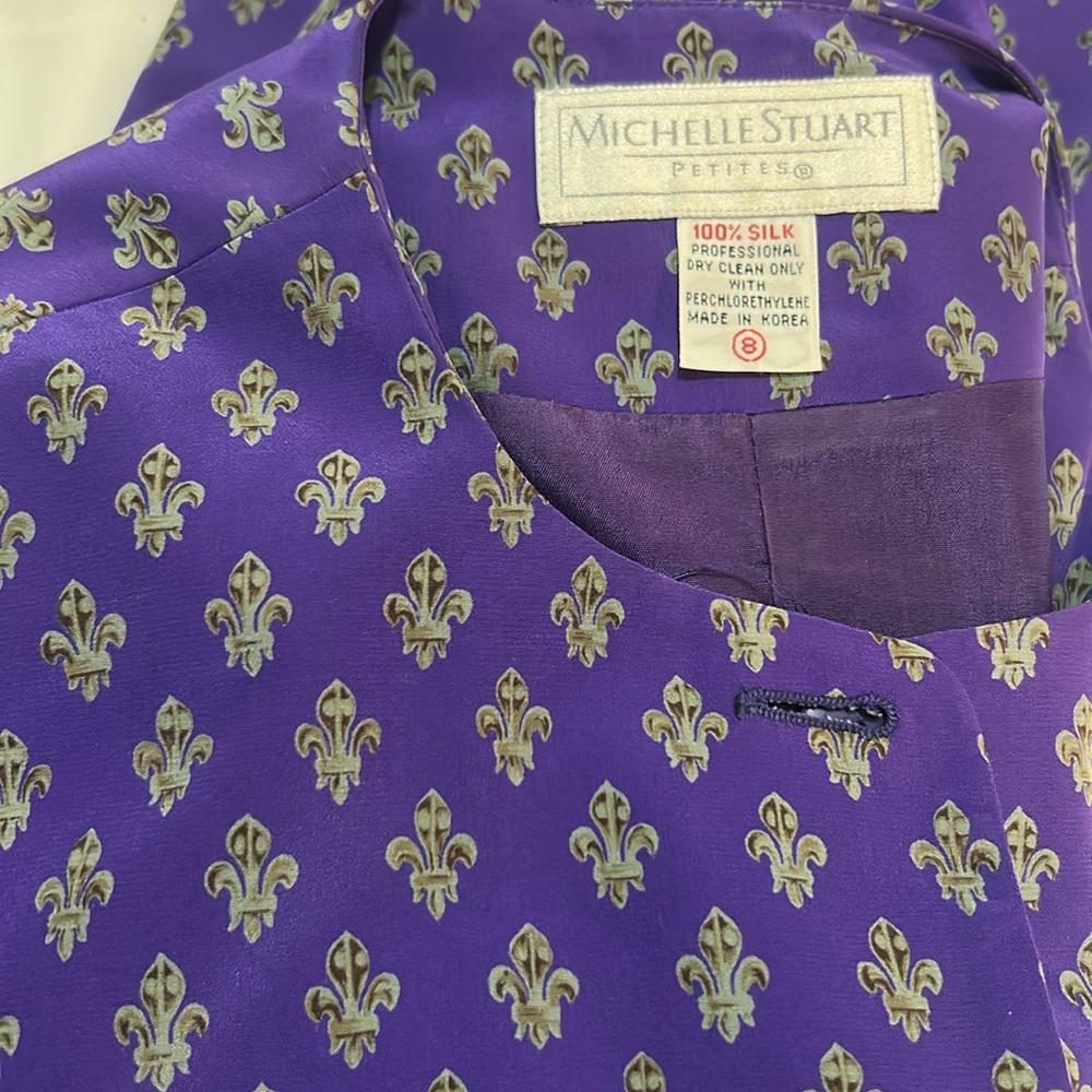 Michelle Stuart Elegant Purple Patterned 2-Piece set Skirt&Jacket Silk size 8 P - Picture 6 of 6